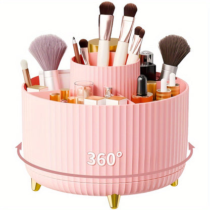 360° Rotating Makeup Organizer - 1pc Plastic Cosmetic Storage with 5 Compartments - Multi-Functional Holder for Brushes, Lipsticks, Skin Care Products, and Stationery - Durable Unscented Desk Caddy with Luxury Stripe Design Beauty Fashion