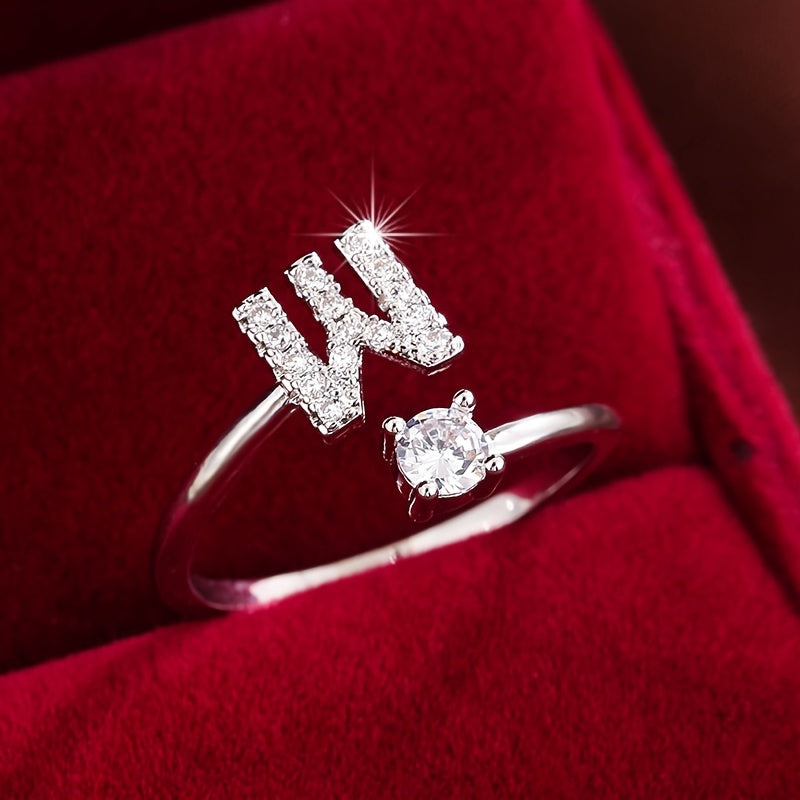 Fashionable 26 English Letters Four-Prong Synthetic Synthetic Zirconia Open Adjustment Ring Beauty Fashion