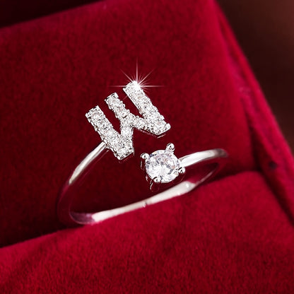 Fashionable 26 English Letters Four-Prong Synthetic Synthetic Zirconia Open Adjustment Ring Beauty Fashion