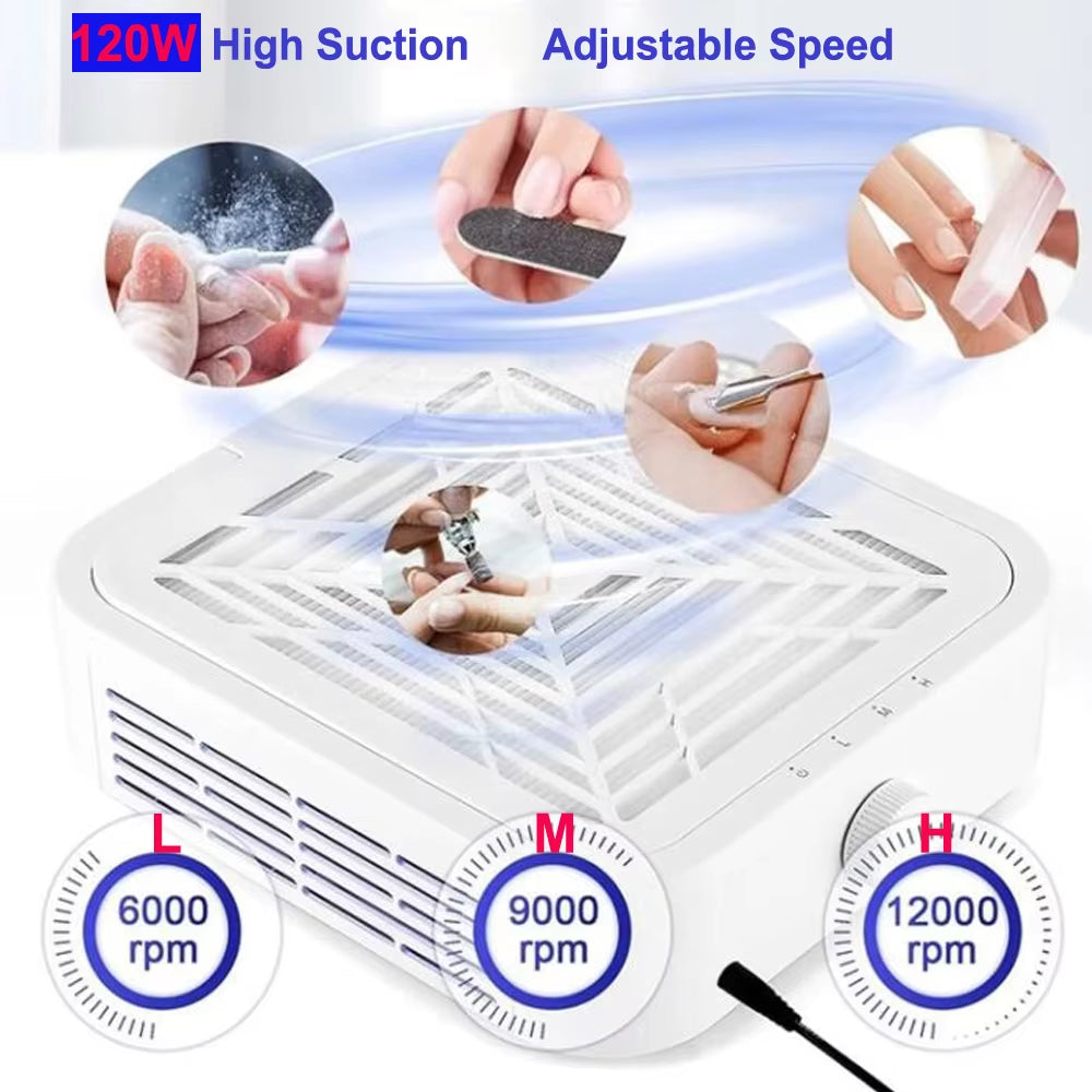 Turbine Brushless Nail Dust Remover Strong Suction 120W Nail Vacuum Cleaner for Manicure with Removable Filter Speed Adjustable
