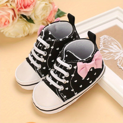 Baby Girls Heart Printed Lightweight Skate Shoes With Bowknot, Comfortable Non-slip Sport Walking Toddler Shoes, Fall Beauty World Shop
