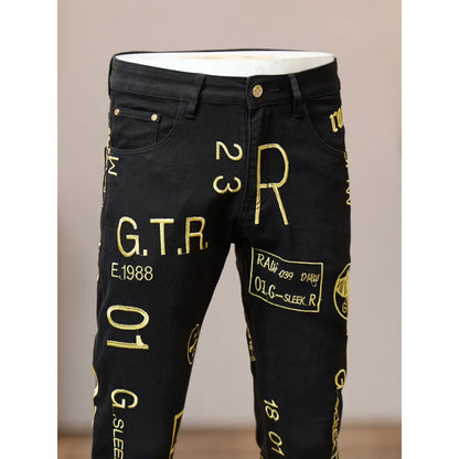 Trendy Retro Embroidered Printed Jeans for Men 2025 New Autumn Fashion Men'S Clothing Trend Brand Slim Fit Small Leg Pants