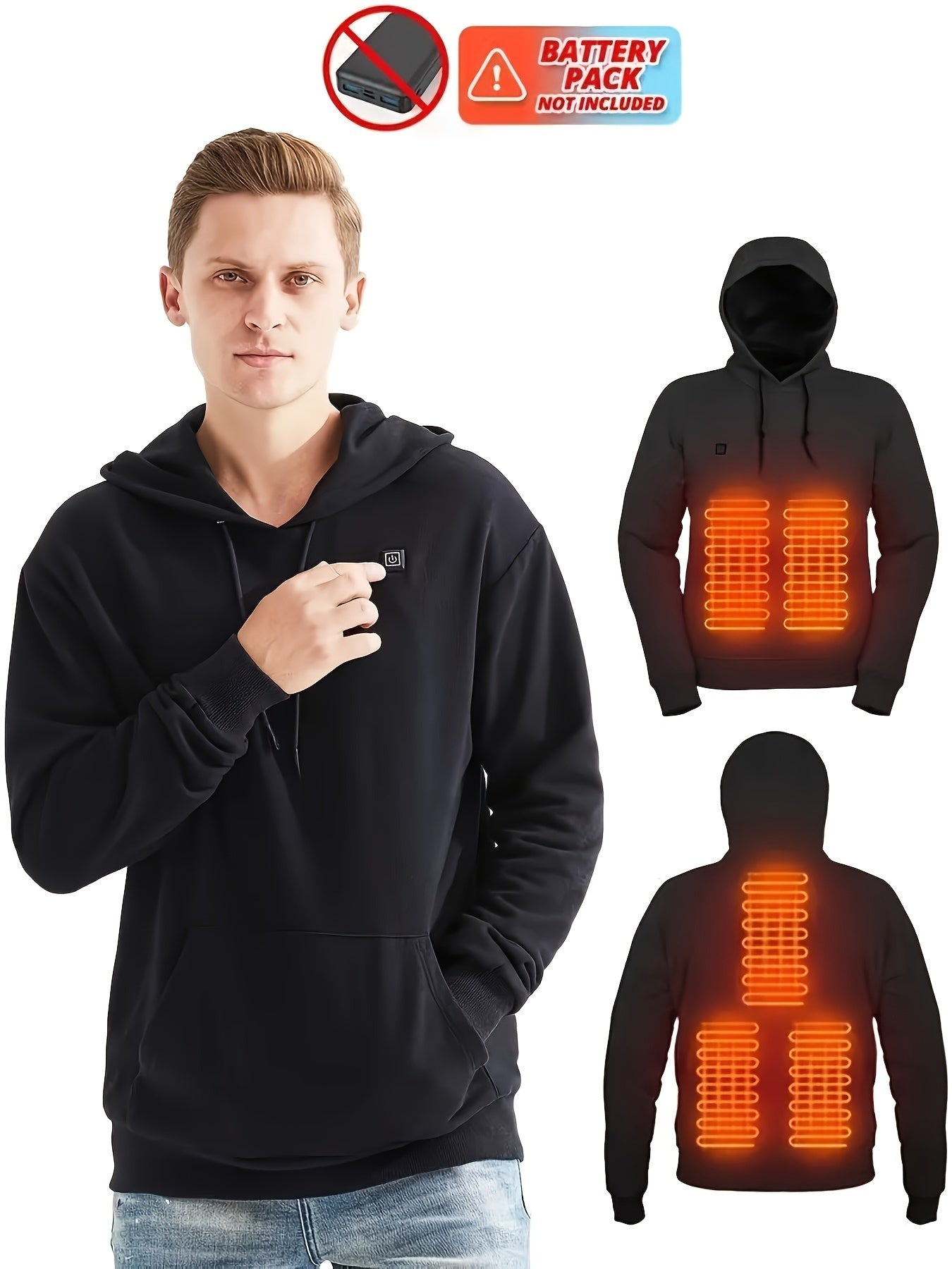 5 Heating Zones Heated Hooded Sweatshirt For Men – Autumn/Winter Outdoor Sport Pullover With Kangaroo Pocket – Battery Pack Not Included Beauty World Shop