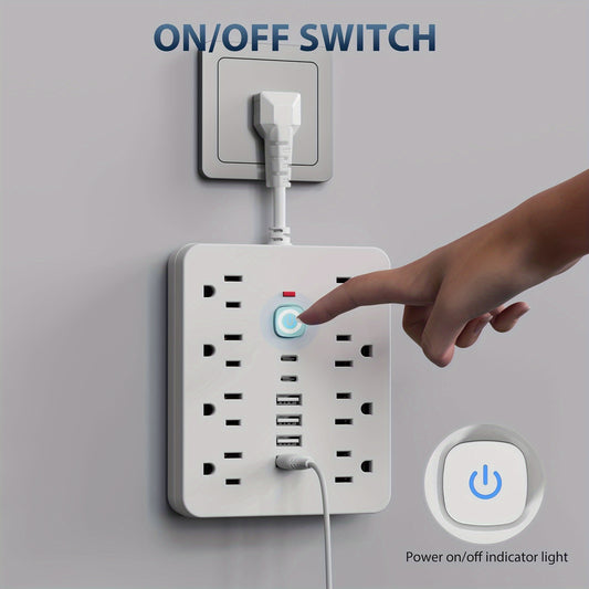 14-in-1 Power Strip with Surge Protection and One-Touch Control Switch - 4 Spacious AC Outlets with 6 USB Ports (including 2 Type-C) - Wall-Mountable Extension Cord for Office, Study, Home, and School Use - US Plug, 110V-130V Beauty Fashion