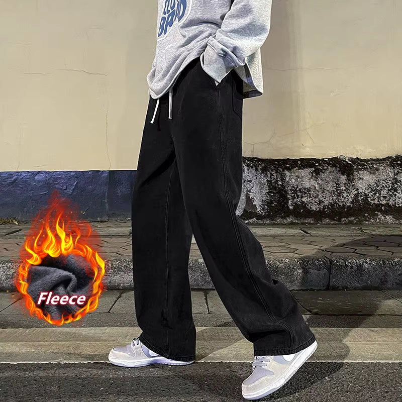 Winter Fleece Loose Jeans, Loose Straight Velvet Warm and Comfortable Elastic Waist Wide Leg Pants Brand Men'S Clothing