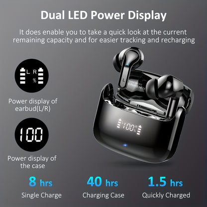 [40H Wireless Earbud] 40H Wireless Earbud, 5.3 Stereo Bass Earphones | Dual Mic Call, USB-C LED Display, Sport Headset
