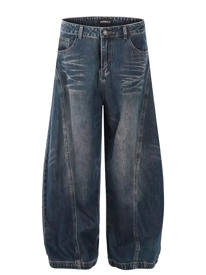 Vintage Black Washed Baggy Jeans Pants Men Wide Leg Curved Blade Pants Streetwear Cowboy Casual Denim Straight Trousers