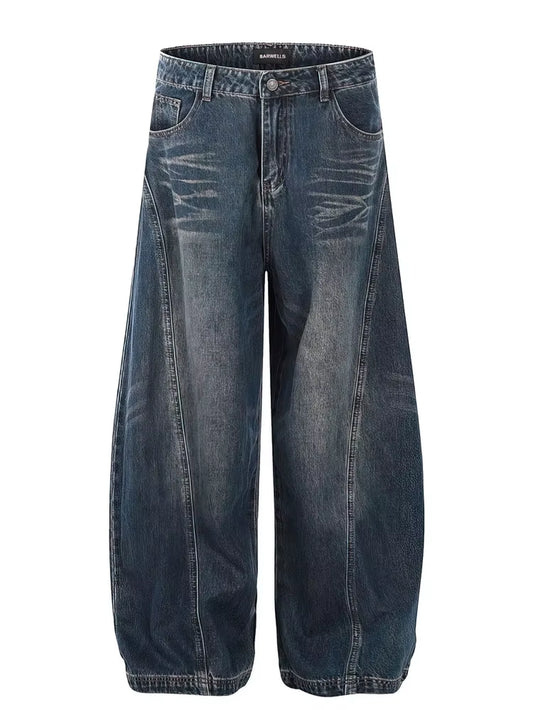 Vintage Black Washed Baggy Jeans Pants Men Wide Leg Curved Blade Pants Streetwear Cowboy Casual Denim Straight Trousers