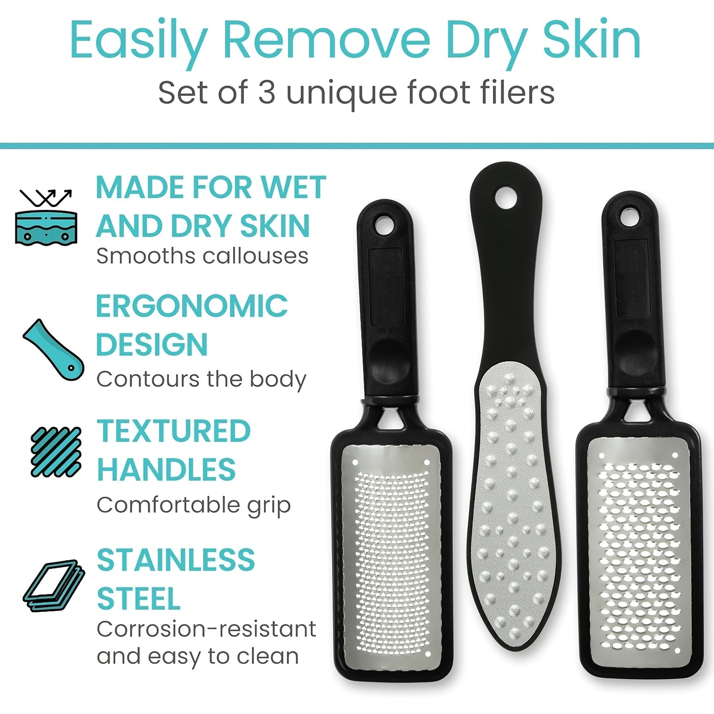 3pcs Foot Files, Feet Scraper for Dead Skin, Heel Grater, Callus Remover Scrubber Tool, Rasp for Cracked Heels - Stainless Steel Pedicure Filer for Men & Women, Use on Wet or Dry Skin Beauty World Shop
