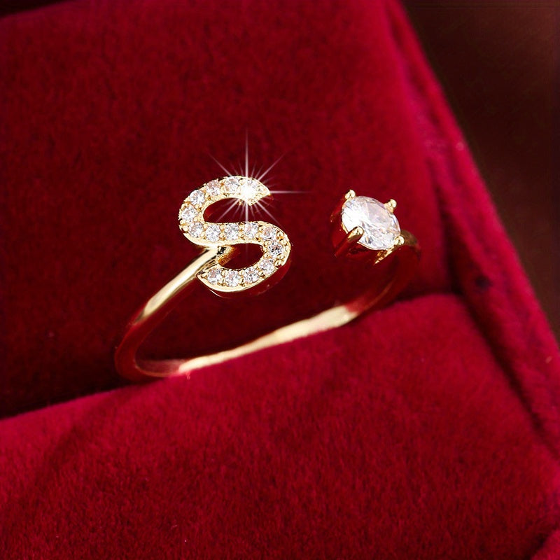 Fashionable 26 English Letters Four-Prong Synthetic Synthetic Zirconia Open Adjustment Ring Beauty Fashion