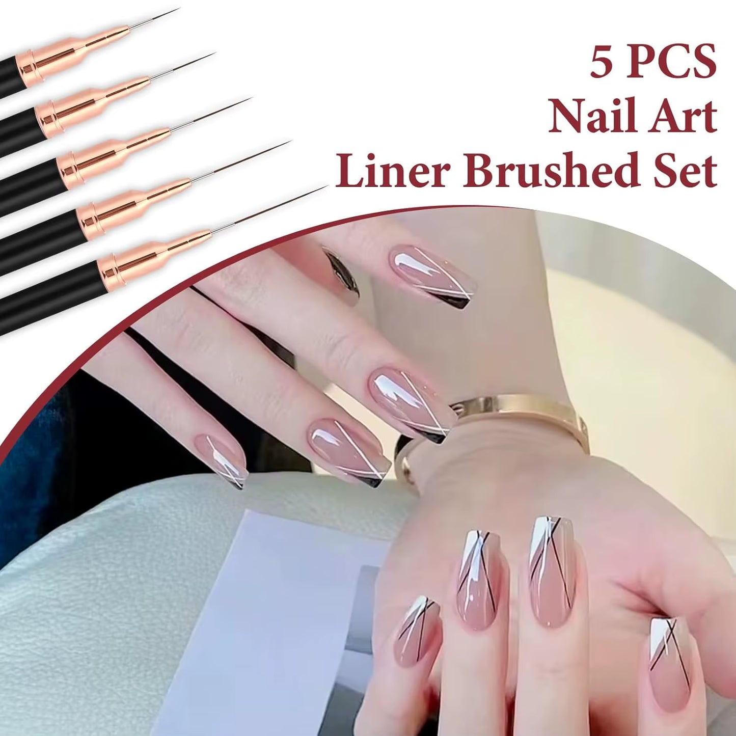 YIKOOLIN 5Pcs Nail Art Liner Brush Set UV Gel Nail Brushes Kits French Stripe Line Painting Drawing Flower Pen Manicure Tool