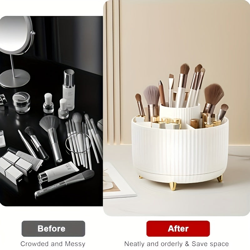 360° Rotating Makeup Organizer - 1pc Plastic Cosmetic Storage with 5 Compartments - Multi-Functional Holder for Brushes, Lipsticks, Skin Care Products, and Stationery - Durable Unscented Desk Caddy with Luxury Stripe Design Beauty Fashion