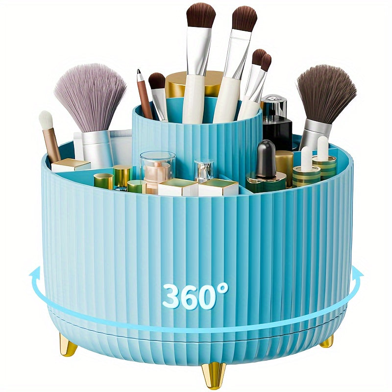 360° Rotating Makeup Organizer - 1pc Plastic Cosmetic Storage with 5 Compartments - Multi-Functional Holder for Brushes, Lipsticks, Skin Care Products, and Stationery - Durable Unscented Desk Caddy with Luxury Stripe Design Beauty Fashion