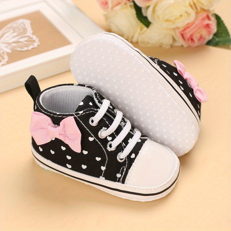 Baby Girls Heart Printed Lightweight Skate Shoes With Bowknot, Comfortable Non-slip Sport Walking Toddler Shoes, Fall Beauty World Shop