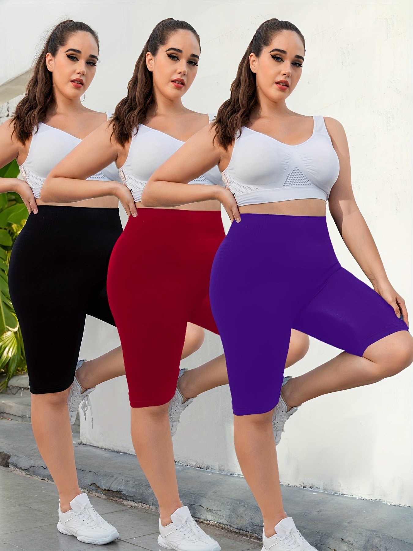 3-Pack Plus Size Yoga Shorts For Women, High Waist Peach Lift, Stretchy, Butt-lifting, High Elasticity, Fitness Activewear, Quick-Dry, Seamless Sport Shorts Set