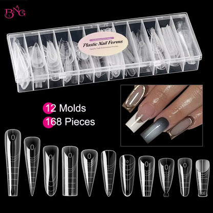 BNG Dual Forms for Builder Gel 168/180 Pcs Reusable Nail Forms 14/15 Sizes Extension Acrylic Molds for Salon DIY Manicure