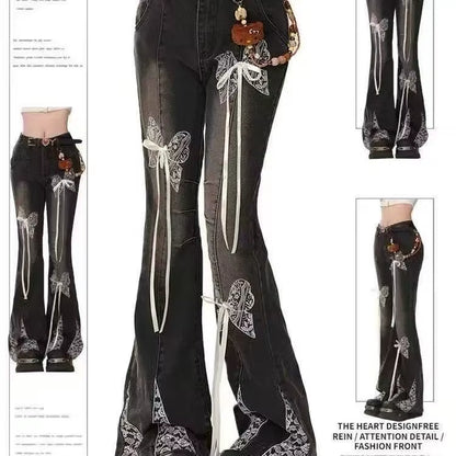 Vintage Slim Micro-Flare Jeans Women Ins Fashionable Splicing Belt Edge Y2K Pants High Waist Straight American Street Trousers