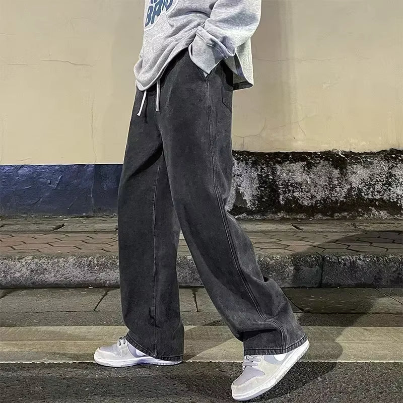 2024 New Streetwear Loose Jeans Men Korean Style Fashion Loose Straight Wide Leg Pants Men'S Brand Clothing Black Light Blue