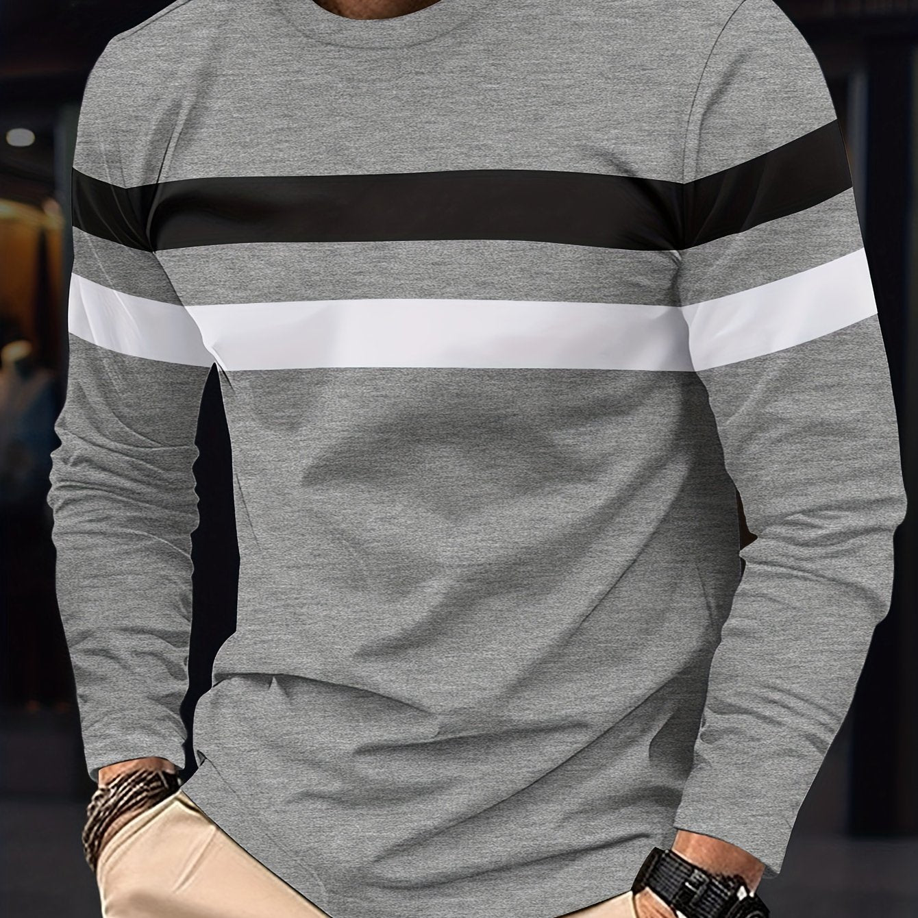 Men's Long Sleeve Crew Neck T-Shirt - Polyester Blend, Basic Solid Color with Color Block Detail, Slight Stretch Knit, Casual Sport Style, for Spring/Fall Beauty World Shop