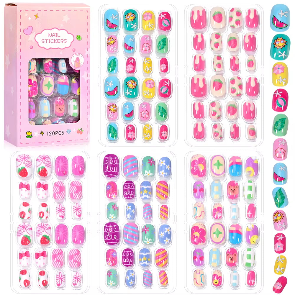 120Pcs/Box Cartoon Gril Princess Children Press on Nails 6-14Years Kawaii Cat/Flowers/Rainbow Nail Tips with Jelly Gel Girl Gift