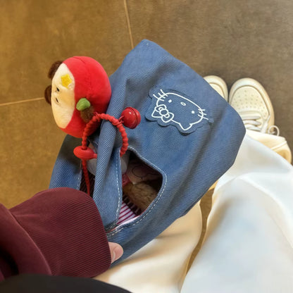 Kitty Shoulder Bag Cute Denim Embroidered Large Capacity Portable Handbag for Walking Outdoors Office Commute and Lunch Carry