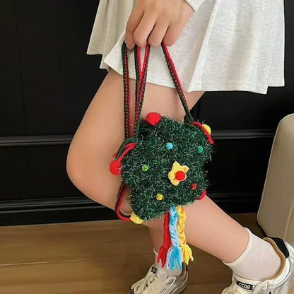 Christmas Tree Crochet Shoulder Bag Textured Casual Crossbody Bags for Kids Women Handmade Knitted Purse Holiday Gift Cute Bag