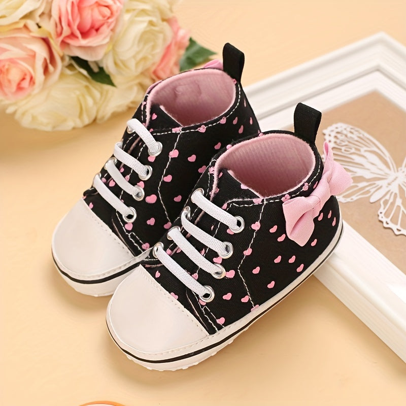 Baby Girls Heart Printed Lightweight Skate Shoes With Bowknot, Comfortable Non-slip Sport Walking Toddler Shoes, Fall Beauty World Shop