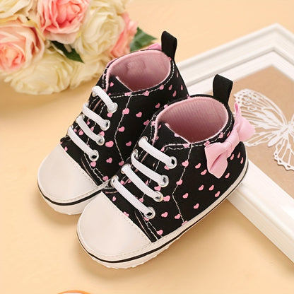 Baby Girls Heart Printed Lightweight Skate Shoes With Bowknot, Comfortable Non-slip Sport Walking Toddler Shoes, Fall Beauty World Shop