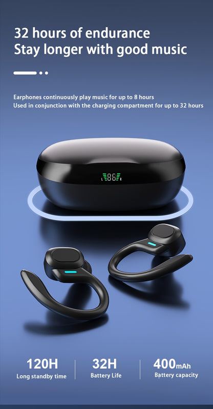 Wireless Earbuds, Open Ear 5.4 Headphones With Ear Hooks, Built-in Mic LED Display 24H Playtime Charging Case, For Running Fitness, Sport Over Earphones, Black