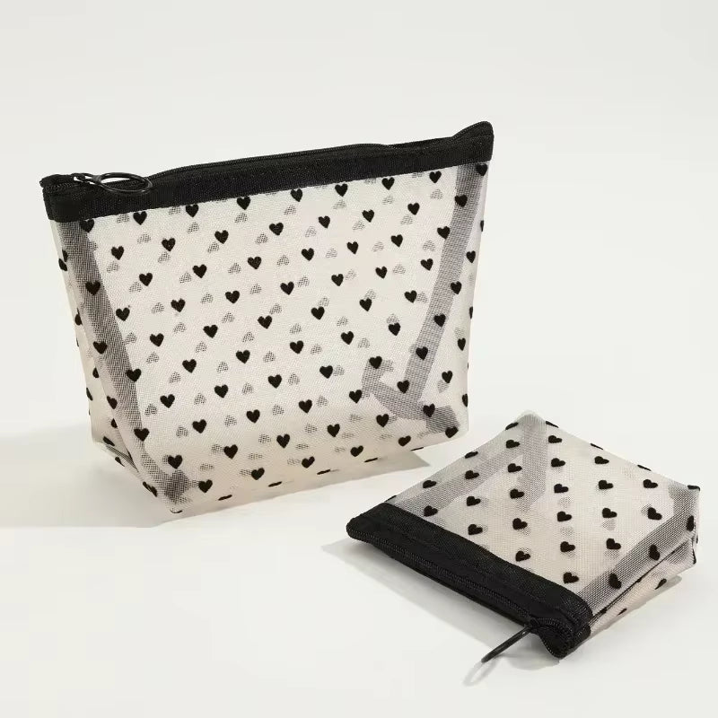 Nylon Mesh Cosmetic Bag Zipper Heart Shaped Toiletry Organizer Makeup Bags Multifunctional Women Lipstick Key Coin Purse Pouch