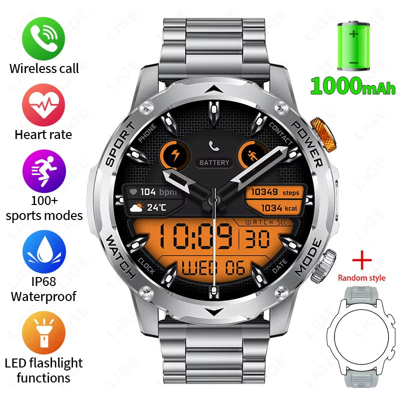Military Smart Watch Men 1000Mah Battery Outdoors LED Flashlight Waterproof Heart Rate Sport BT Call 1.7" AMOLED Smartwatch