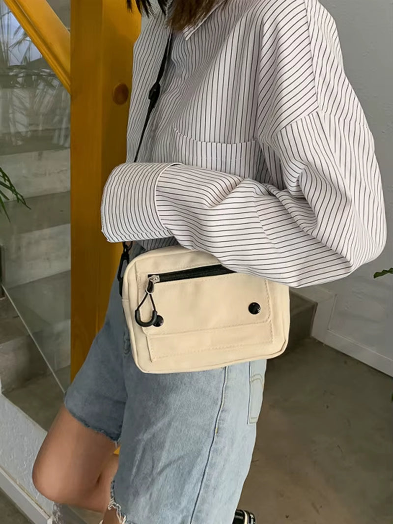 Women Canvas Handbags Korean Mini Student Bag Cell Phone Simple Small Crossbody Casual Ladies Zipper Shoulder Bag