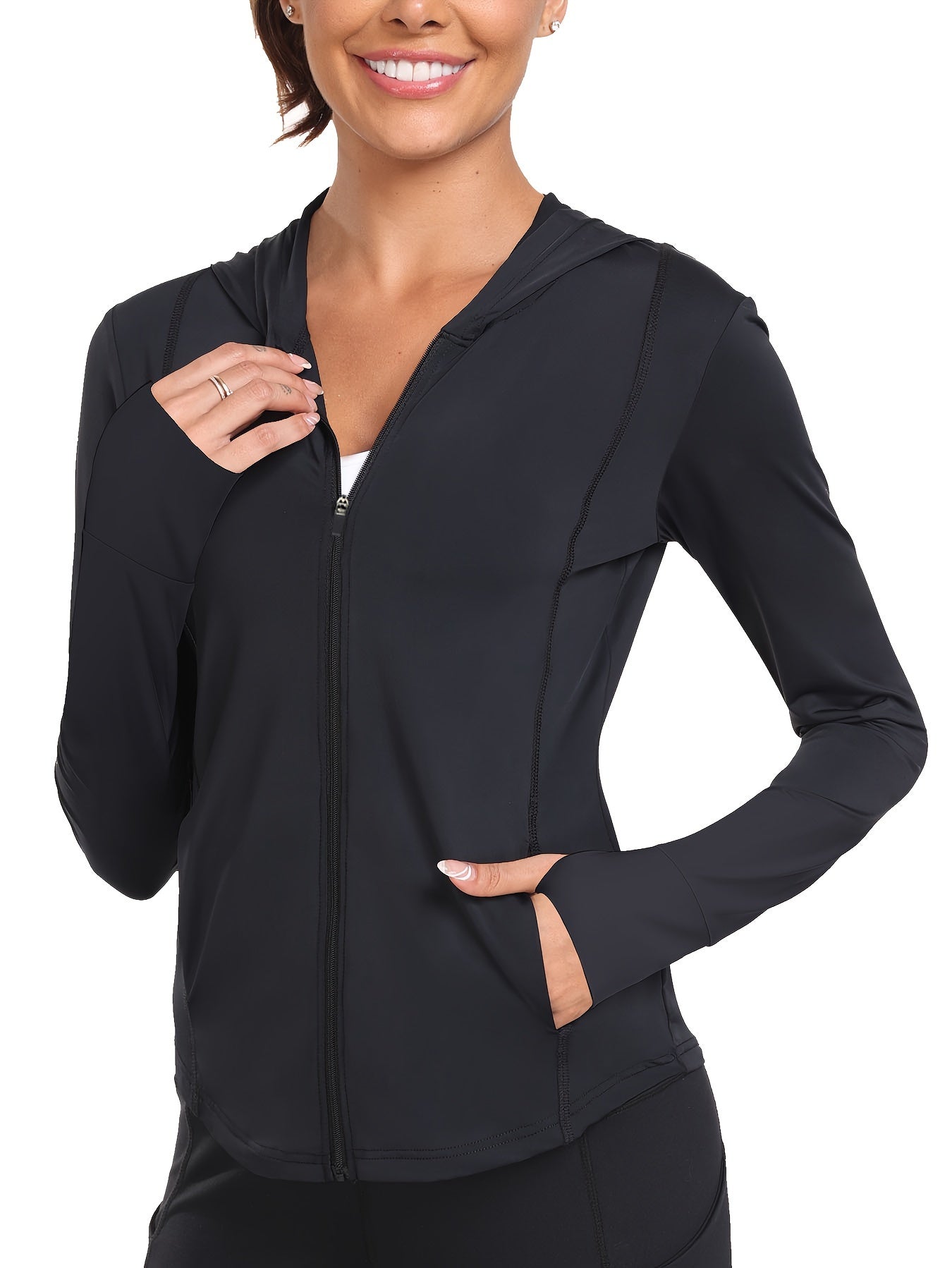 Women's Full-Zip Long Sleeve Sport Shirt with Thumbhole Design - Moisture-Wicking Protection Yoga Running Top, Light Blue All-Season Machine Washable Activewear, Running Shirt | Sporty Look | Stretchable Fabric Beauty World Shop