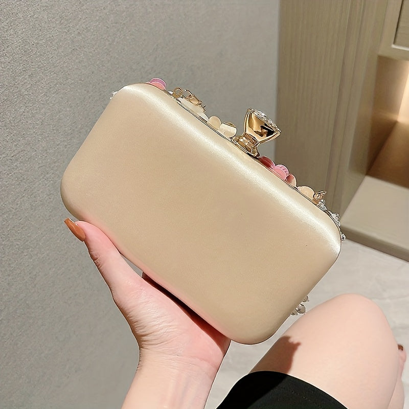 3D Beaded Elegant Evening Bag, Flower Box Clutch Purse for Women's Wedding Party Prom Beauty Fashion