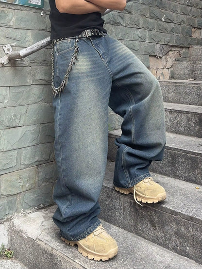 Vintage Men Y2K Stretchy Baggy Denim Jeans for Men Fashion Casual Pants Streetwear Denim Hip Hop Wide-Leg Straight Trousers