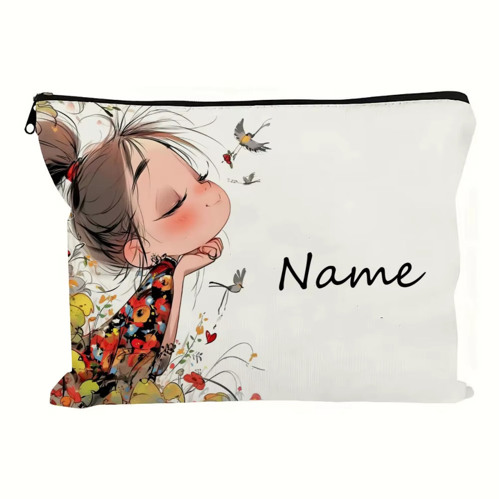 Custom Name Vintage Cute Girl Pattern Makeup Bag Handbag Toiletry Bag Pencil Case Holiday Gift Cosmetic Bag