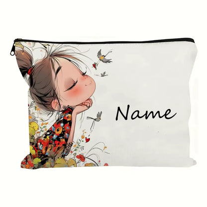 Custom Name Vintage Cute Girl Pattern Makeup Bag Handbag Toiletry Bag Pencil Case Holiday Gift Cosmetic Bag