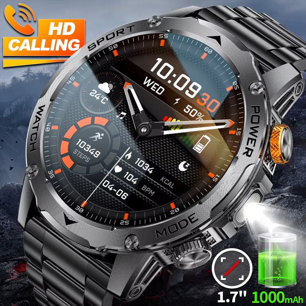 Military Smart Watch Men 1000Mah Battery Outdoors LED Flashlight Waterproof Heart Rate Sport BT Call 1.7" AMOLED Smartwatch