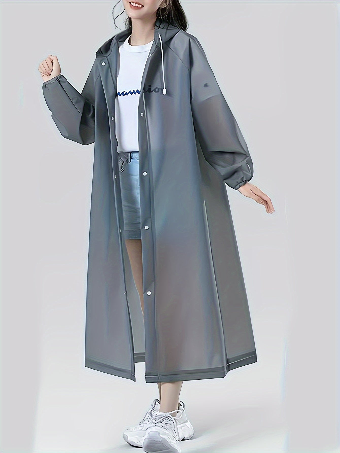 Gray EVA Raincoat - Windproof, Waterproof, Full-Body Thickened Jacket for Travel, Cycling, Hiking - Portable, Elastic Cuffs, Buttoned Closure Beauty Fashion