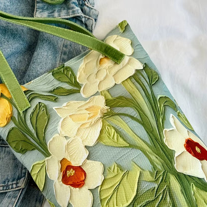 Women'S Large Capacity Summer Floral Oxford Bucket Bag Casual Fashionable Shoulder Bag with Oil Painting Flower Design Handbag