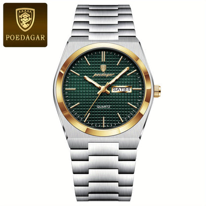 POEDAGAR Men's Luxury Sport Watch, Military Luminous Date Week, Stainless Steel Quartz, Casual Style, Pointer Display, Electronic Movement, Zinc Alloy Case, Stainless Steel Band, Round Dial Beauty World Shop