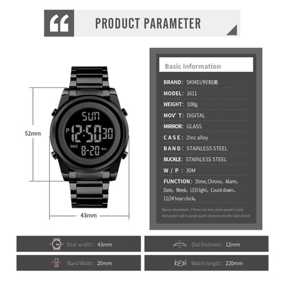 Luxury Waterproof Watch for Men Stainless Steel Electronic Sports Digital Mens Wristwatches Man Clock Reloj Masculino 1611