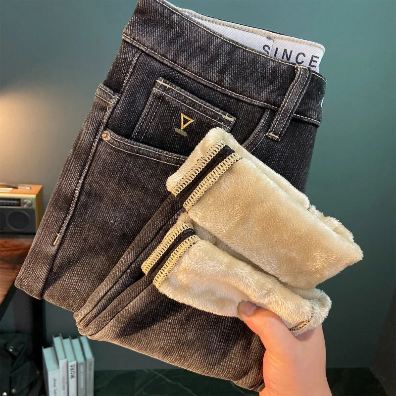2025 Winter Plush Thick Jeans for Men, Casual, Simple, High End, Slim Fit, Small Feet, High End, Cold Resistant, Warm Pants