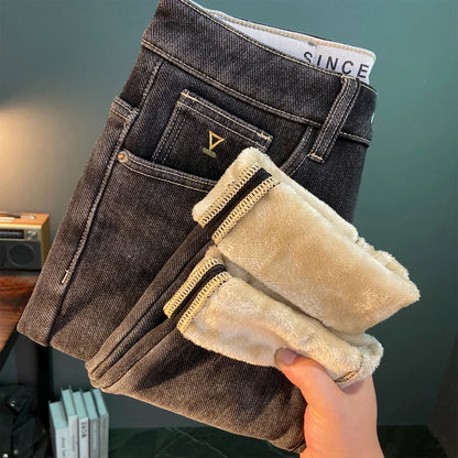 2025 Winter Plush Thick Jeans for Men, Casual, Simple, High End, Slim Fit, Small Feet, High End, Cold Resistant, Warm Pants