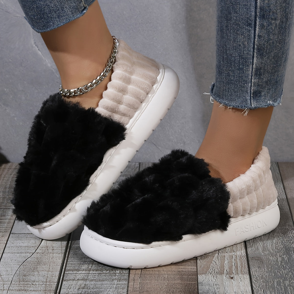 Colorblock Faux Fur Slippers, Casual Slip On Plush Lined Shoes, Comfortable Indoor Home Slippers Beauty Fashion