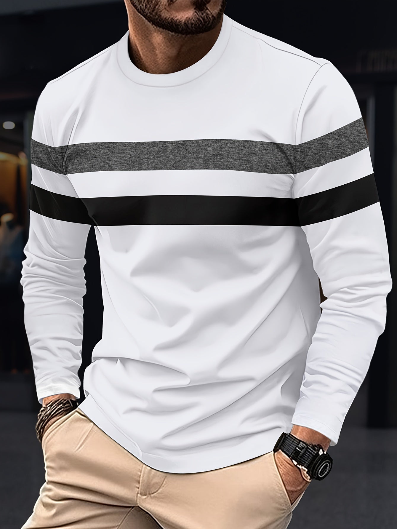 Men's Long Sleeve Crew Neck T-Shirt - Polyester Blend, Basic Solid Color with Color Block Detail, Slight Stretch Knit, Casual Sport Style, for Spring/Fall Beauty World Shop