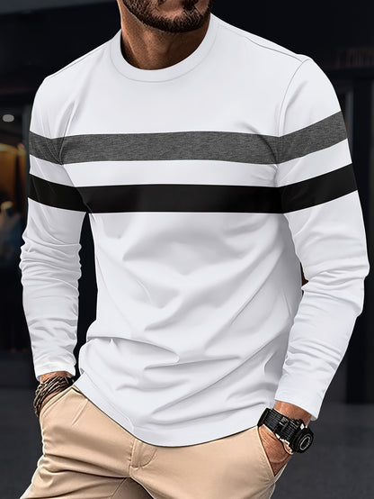 Men's Long Sleeve Crew Neck T-Shirt - Polyester Blend, Basic Solid Color with Color Block Detail, Slight Stretch Knit, Casual Sport Style, for Spring/Fall Beauty World Shop