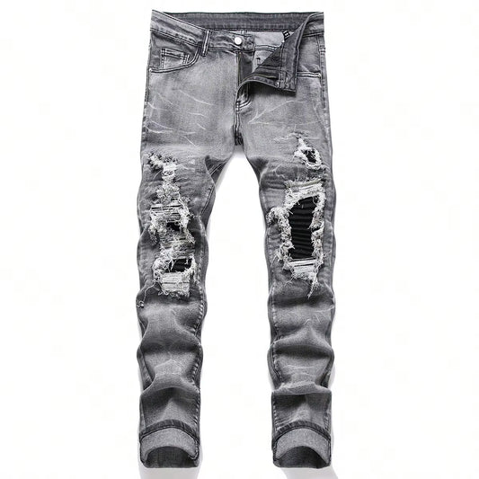 Men‘S Stretchy Denim Jeans Streetwear Tearing Patchwork Holes Ripped Denim Elastic Waist Casual Pants Slim Fit Straight Trousers