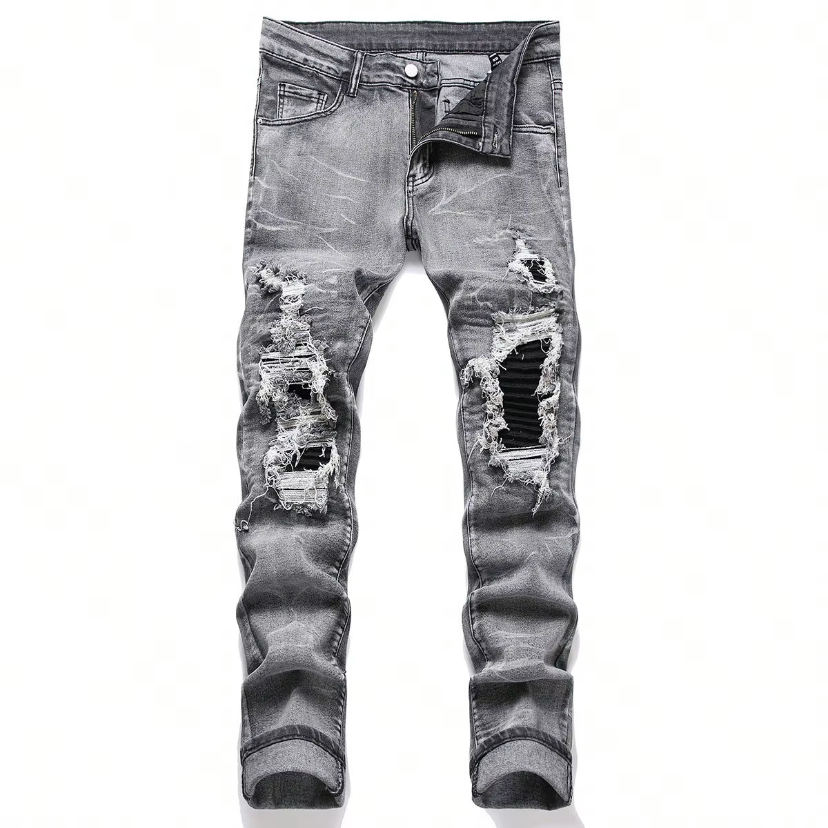Men‘S Stretchy Denim Jeans Streetwear Tearing Patchwork Holes Ripped Denim Elastic Waist Casual Pants Slim Fit Straight Trousers