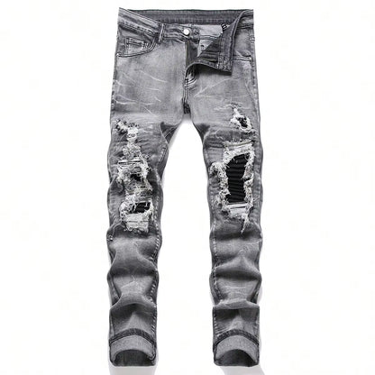 Men‘S Stretchy Denim Jeans Streetwear Tearing Patchwork Holes Ripped Denim Elastic Waist Casual Pants Slim Fit Straight Trousers